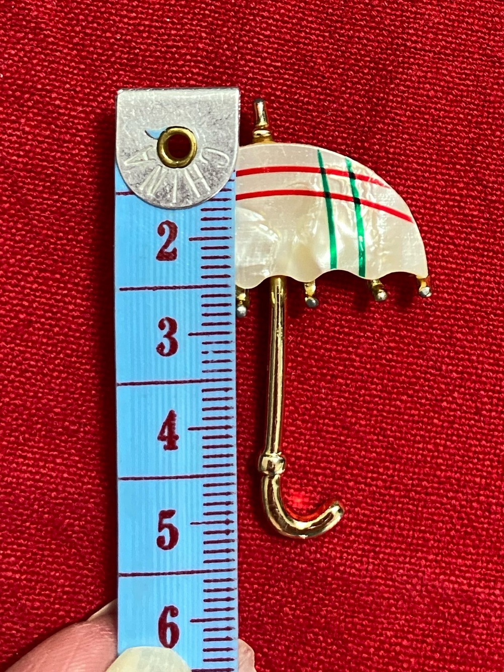Vintage Mother of Pearl Shell Umbrella Brooch with Red & Green Stripes on gold - Picture 7 of 7